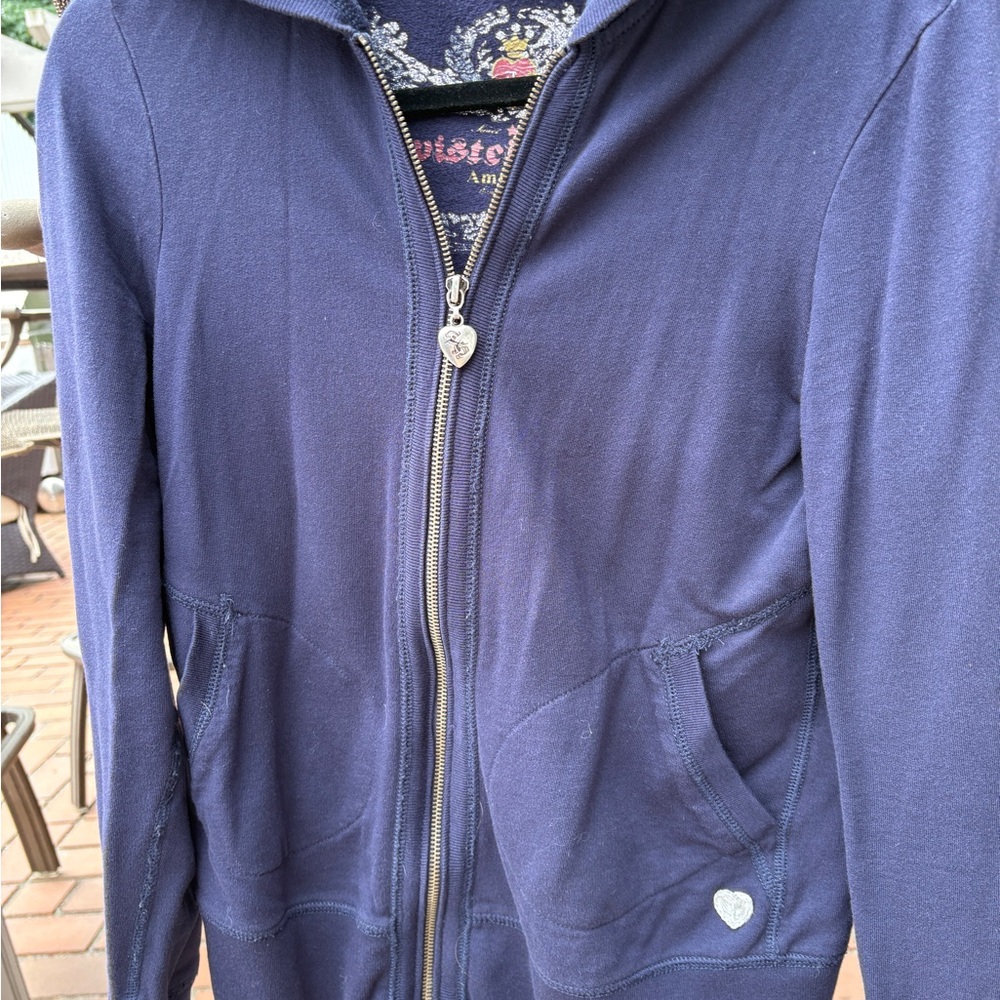 Twisted Heart blue Zip-Up Hoodie with crystal peace sign on left sleeve.